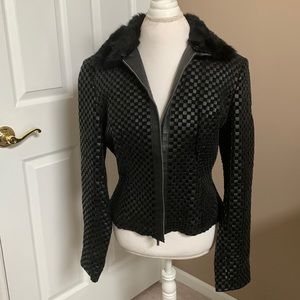 Marvin Richards black leather & suede jacket w/removable faux fur collar size L